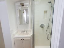 bathroom with white vanity and mirror near shower opening